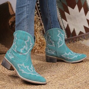 SHEIN 2023 Fall/winter New Arrival Women's Pointed Toe Embroidered Western Cowboy Boots, Vintage Brown Mid-calf Chelsea Boots For Summer Cadet Blue CN36,CN37,CN38,CN39,CN40,CN41,CN42,CN43 Women