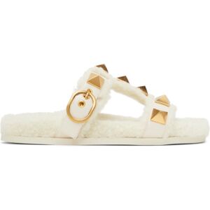 Valentino Garavani Shearling Roman Stud Slides  - I16 Ivo/White - Size: IT 35 - female