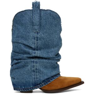 R13 Tan & Blue Low Rider Cowboy Denim Boots  - Denim - Size: IT 38 - female