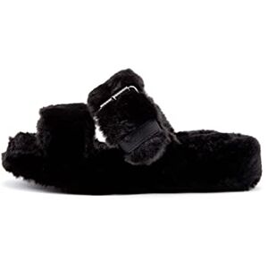 Skechers Womens Cozy Wedge Double Buckle Faux Fur Design Sandals - Black - 8