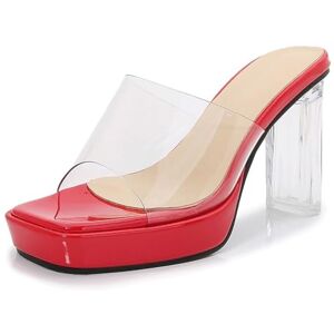 Uyttlhk Clear Shoes For Women European And American Slippers Thick Heel Crystal Transparent Thin Heel Waterproof Platform High Heel Large Size (Color : Red, Size : 2.5 Uk)