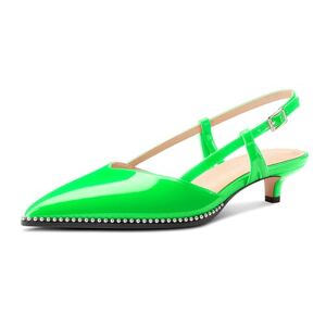 Aachcol Womens Pointed Toe Slingback Heels Low Kitten Heel Sandals Patent Leather Sliver Beaded Pumps Court Shoe Buckle Prom Dress Shoes 3.5 Cm Heels Bright Green 5.5 Uk