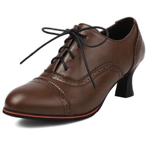 Erikenurben Women Perforated Lace Up Kitten Heel Court Shoes Vintage Wingtip Oxford Shoes Business Low Top Booties Brown Size 48