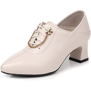 Jonam Womens Shoes Genuine Leather Shoes Women Pumps High Heels Lace Up Ladies Shoes Spring Thick High Heel (Color : Md3785 Beige, Size : 4)