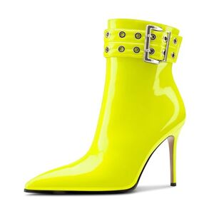 Aachcol Womens Pointed Toe Stiletto Heel Buckle Ankle Boots Patent Leather High Heel Mid Calf Zipper 10 Cm Heels Booties Yellow 4.5 Uk