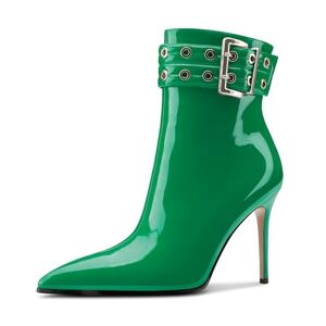 Aachcol Womens Pointed Toe Stiletto Heel Buckle Ankle Boots Patent Leather High Heel Mid Calf Zipper 10 Cm Heels Booties Green 4 Uk