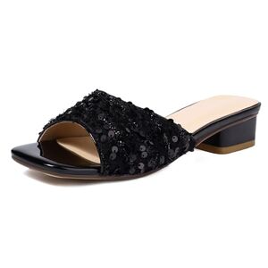 Lipijixi Sequined Cloth Low Heele Mules For Women Square Toe Sparkly Sandals Slingback Sandals Slides Backless Black Slip On Dress Sandals Size 5