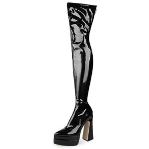 Kkplo Women'S Over The Knee Boots Classic Solid Color Shiny Patent Leather Thigh Boots Pointed Toe Double Water Platform Thick High-Heeled Boots 15cm (Black 42 Eu)