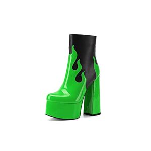 Frankie Hsu Women'S Large Size Black Neon Green Patent Leather Flame Fire Sexy Platform Chunky Block High Heels Ankle Heeled Bootie Shoes, Green, 4 Uk