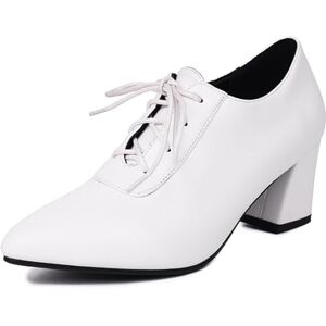 Havuegatue Women Lace Up Pointed Toe Court Shoes Block High Heel Pumps Classic Oxfords White Mark Size 43