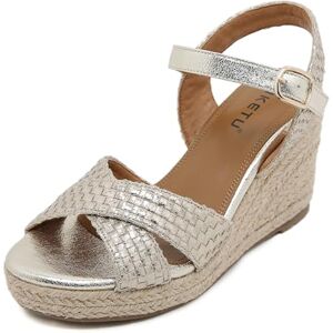 Ghftccf Women'S Classic Heel Wedge Sandal With Round Toe With Buckles And Straps Summer Sports Sandals For Women Leather Sandals Sandals(Color:Gold,Size:7.5 Uk)