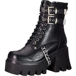 Lamoda Women'S Hostage Platform Ankle Boot, Black Pu, Lace-Up Chunky Ladies Combat Boots With Size Zipper, Mid Calf Chelsea Boots, Buckle & Chain Uk 8