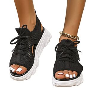 Voiakiu Lace-Up Muffin Sandalsfor Women, Orthopedic Sandals For Women, Causal Summer Peep Toe Platform Sandals Shoes Wedges, Black, 36 Eu