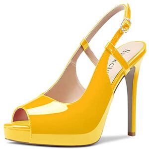 Saekcted Women High Stiletto Platform Heel Peep Open Toe Slingback Sandals Wedding Dress Ankle Strap Pumps Court Shoe 12 Cm Heels Yellow 5 Uk