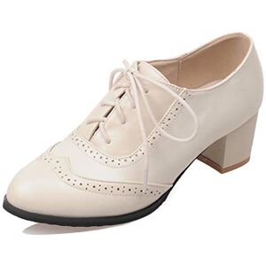 Gicoiz Oxfords Womens Pointed Toe Lace Up Office Block Heel Brogue Shoes Vintage Suede Closed Toe Work Formal Patent Pumps Beige Size 4-37