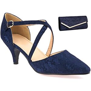 Shoe Box Boutique Sb004 Women'S Lace Mid Low Heel Pointed Toe Cross Strap Strappy Court Shoes & Matching Lace Clutch Shoulder Bag (Navy Blue), 4 Uk