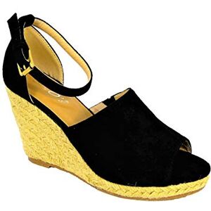 Skos Ladies Canvas Rope Wedge Espadrilles Platform Ankle Buckle Shoes Sandals Size 4 Black 4424