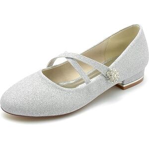 Kjcqgqtz Womens Ballet Flats Dress Shoes Glitter Cross Strap Wedding Flat Shoes For Bride Closed Toe Slip On Round Chunky Low Block Heel Pumps Shoes For Travel Dance Party,Silver,3 Uk