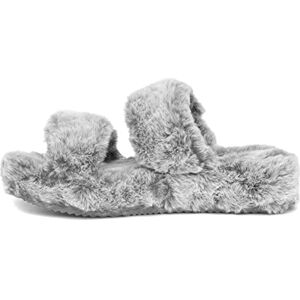 Skechers Women's Cozy Wedge Slipper, Grey Faux Fur/Buckle Trim, 4 UK