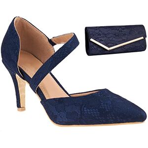 Shoe Box Boutique Sb0503 Women'S Navy Blue Lace Mid Heel Pointed Toe Strappy Court Shoes With Matching Clutch/shoulder Bag (Navy Blue, Uk_footwear_size_system, Adult, Women, Numeric, Medium, Numeric_3)