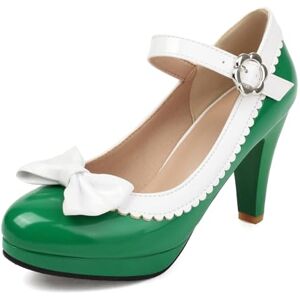 Lizoleor Women Mary Jane Cone Heel Round Toe Patent Pumps Bowknot Ankle Strap High Heel Sweet Summer Evening Shoes Green Size 7 Uk/41