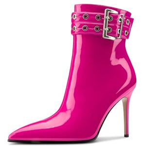 Aachcol Womens Pointed Toe Stiletto Heel Buckle Ankle Boots Patent Leather High Heel Mid Calf Zipper 10 Cm Heels Booties Magenta 3 Uk