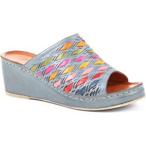 Pavers Vibrant Leather Wedge Mules Sandals In Blue Multi With Cushioned Insole And Scalloped Detail - Comfortable Womens Shoes - Size Uk 5 / Eu 38