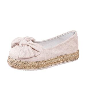 Ruiyete Ballerina Shoes Women Bow Grass Woven Bottom Thick Sole Casual Single Shoes Flat Shoes Ballet Flats Women, Beige, 8 Uk