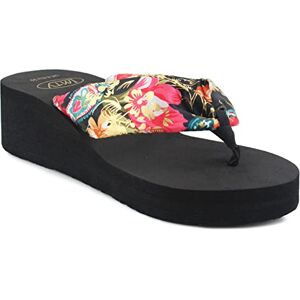 Imty Womens Ladies Summer Platform Wedge Heel Toe Post Metallic Floral Flower Print Lightweight Eva Foam Beach Fashion Sandals Flip Flops (4 Uk, Black, Numeric_4)