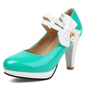 Lizoleor Women Mary Jane Cone Heel Round Toe Patent Pumps Bowknot Ankle Strap High Heel Sweet Summer Evening Shoes Ya-Green Size 6 Uk/40