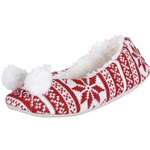 Autumn Faith Ladies Red Fair Isle Knit Ballet Ballerina Slippers with Fabric Sole UK 5-6