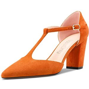 Nobleonly Women High Chunky Block Heel Close Pointed Toe Sandals Ankle Strap T-Strap Two-Piece Buckle Pumps Court Shoe Wedding Office Dress Shoes Orange Suede 4 Uk