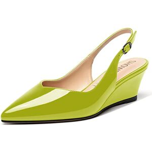 Showforest Women Patent Pointed Toe Dating 2 Inch Wedge Low Heel Buckle Adjustable Strap Solid Fashion Court Shoes Yellow Green Size 6