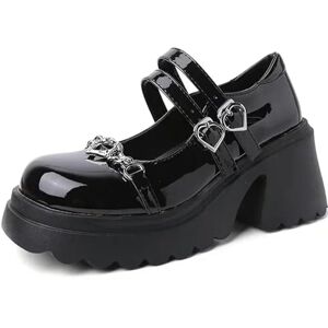 Bkywjtr6 Classic Heel Lolita Shoes For Women Punk Platform Pumps Japanese Ladies Patent Leather Mary Jane Shoes Black Goth Footwear