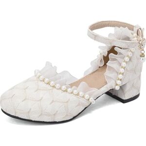 Lizoleor Lace Block Heel Round Toe Chinese Style Women Sandals Silk Classics Mary Jane Lolita Lovely Ruffles Wedding Beige Size 4 Uk/37