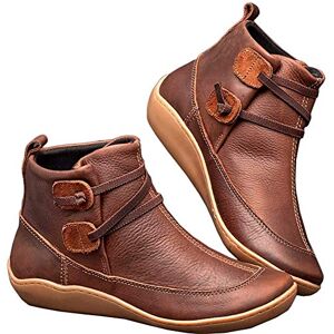 Kinloy Ladies Wide Fit Ankle Boots Comfortable Anti-Slip Autumn Winter Flat Heel Booties Elastic Walking Leather Shoes Brown Size 4 Uk