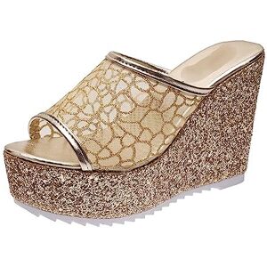 Skinii Women Shoes， Women Slippers Summer Shoes Outside High Heels Mesh Female Slides (Color : Gold, Size : 35)