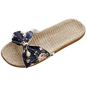 Generic Non-Slip Linen Flops With Boho Bow Summer Couples Mule Sandals Unisex Home Open Toe Slippers Moisture Wicking Flax Sole Indoor Flats Shoes Slippers Breathable Floor Drag Beach Flops