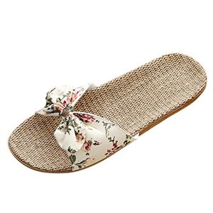 Generic Casual Slippers For Women 2024 Fashion Slippers Beach Sandals Flops Flax Women Slipper Bohemia Bowknot Shoes Female Flip Women'S Slipper Bedroom Boot Slippers Women (Beige, 5.5-6)