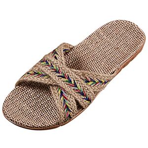 Generic Women Non-Slip Linen Flops Summer Couples Mule Sandals Unisex Home Open Toe Slippers Moisture Wicking Flax Sole Indoor Flats Shoes Slippers Breathable Floor Drag Beach Flops