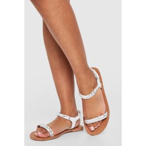 boohoo Wide Fit Leather Rhinestone Embellished Two Part Sandals