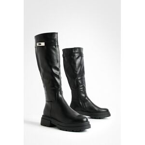 boohoo Buckle Detail Chunky Flat Knee High Biker Boots