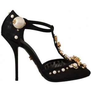 Dolce & Gabbana Womens Black Faux Pearl Crystal Vally Heels Sandals Shoes Leather - Size Eu 39