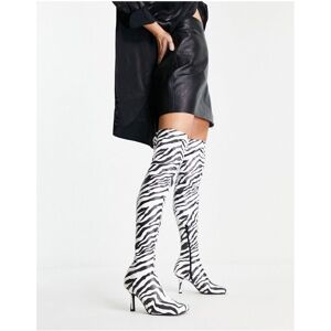 Asos Design Womens Kindred Heeled Square Toe Over The Knee Boots In Zebra-Multi - Black - Size Uk 4