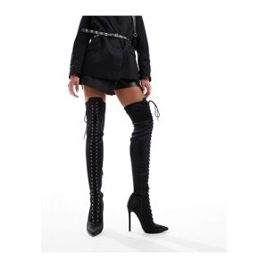 Asos Design Womens Kiss Pointed Lace Up Over The Knee Boots In Black Satin - Size Uk 4