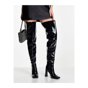 Asos Design Womens Kensington High-Heeled Square Toe Over The Knee Boots In Black Patent - Size Uk 4
