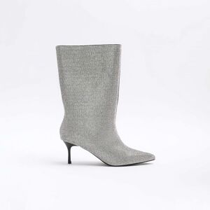 River Island Womens Calf Boots Silver Diamante Heeled Pu - Size Uk 4