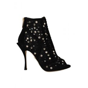 Dolce & Gabbana Womens Black Crystals Heels Zipper Short Boots Shoes Nylon - Size 37.5 Eu/it