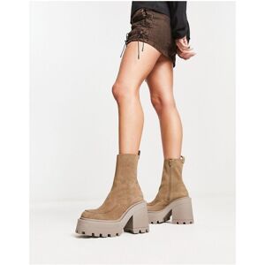 Asos Design Womens Rider Premium Leather Chunky Heeled Boots In Grey - Beige - Size Uk 5