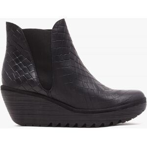 FLY LONDON Yoss Black Leather Moc Croc Wedge Ankle Boots Colour: Black - female